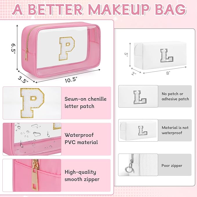 Personalized Initial Clear Makeup Bag, Travel Chenille Patch Cosmetic Bag, Preppy Toiletry Bag Monogram Cosmetic Pouch with Zipper, Ideal Gift for Teen Girls Women (Clear-Pink, P)