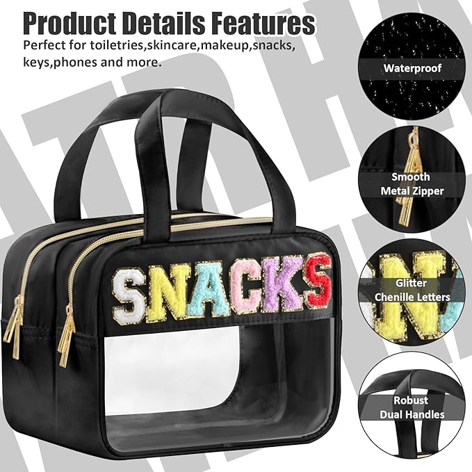 Chenille Letter Clear Makeup Bags, Snacks Bag for Travel, Preppy Patch Nylon Cosmetic Bag with Handles and Zipper, Waterproof Large Clear Travel Toiletry Bag Storage Bag for Women Black