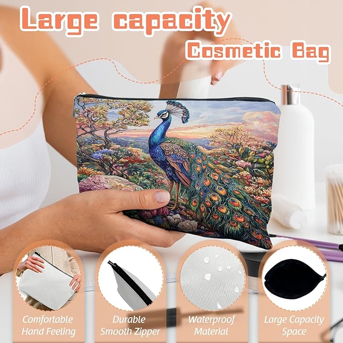 Makeup Bag Travel Cosmetic Bags Small Makeup Case Waterproof Zipper Pouch for Women Girls 7X9inches - Peacock in A Dusk - Filled Floral Landscape