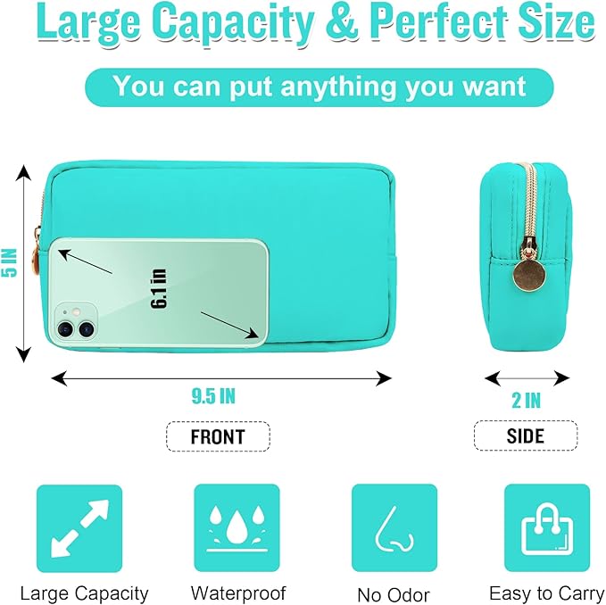 Nylon Small Makeup Bag for Purse, Cute Preppy Makeup Bag Cosmetic Zipper Pouch Purse, Waterproof Portable Travel Toiletry Bag Coin Pouch Clutch Makeup Brush Bag Organizer Storage for Women Girls(Mint)