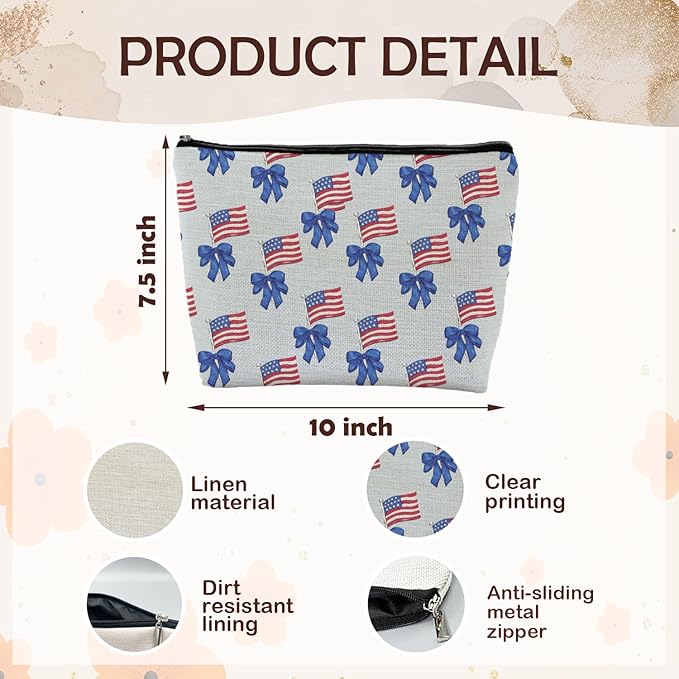 Coquette Blue Bow American Flag Makeup Bag, Red White and Blue Patriotic Cosmetic Bags Gifts for Women, Preppy Girly Portable Travel Toiletry Bag Zipper Makeup Pouch