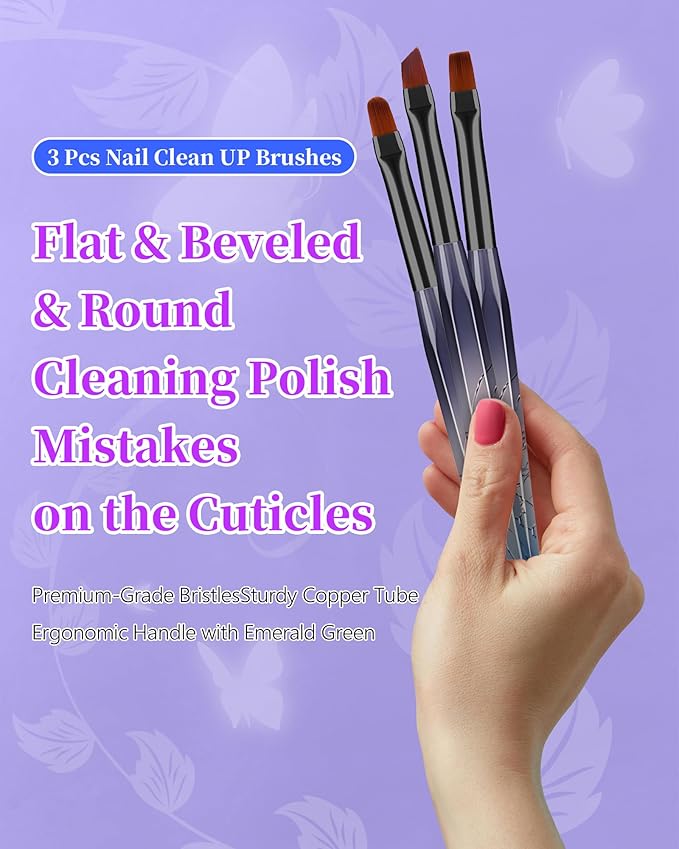 3PCS Nail Polish Clean Up Brush, Round&Falt&Angled Acetone Resistant Nail Brush for OPI Nail Polish Remover, Fingernail Cleaning Brushes at Home Nail Art and Designs(Gilded Blue)