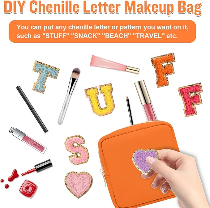 Nylon Mini Makeup Bag for Purse, Preppy Small Cute Makeup Bag Cosmetic Zipper Pouch Purse, Waterproof Travel Coin Pouch Sanitary Napkin Storage Bag Clutch Makeup Organizer Bag for Women Girls(Orange)