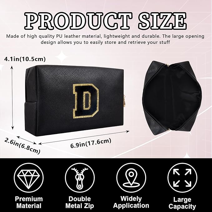 Personalized Initial Letter Patch Makeup Bag, Preppy Portable Chenille Cosmetic Bag with Zipper, PU Leather Waterproof Travel Toiletry Bag Monogram Make Up Pouch for Women Girls