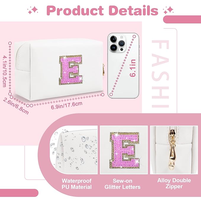 Small Initial Patch Makeup Bag Personalized Gifts Make Up Bag,White Cute PU Leather Glitter Letter Cosmetic Bag with Zipper,Trendy Portable Travel Toiletry Pouch,Preppy Stuff for Teen Girls Women E
