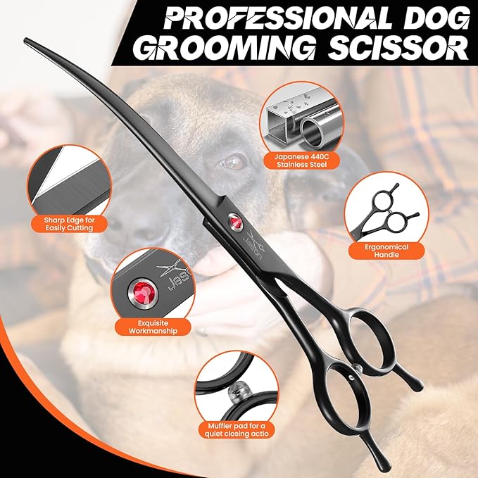 JASON 7.5" Dog Grooming Scissor - Professional Down-curved Shear with Ergonomic Handle Japanese Stainless Steel Hair Scissor for Dogs, Cats and Other Pets, Sharp (Down-curved, Black) Christmas Gift