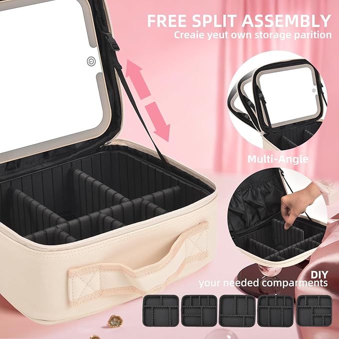 Travel Makeup Bag with LED Mirror,Removable Mirror with 3 Color Modes,Portable makeup travel organizer for Women,Makeup Case with 8 Adjustable EVA Dividers,Cosmetic Train Case with Lighted Mirror