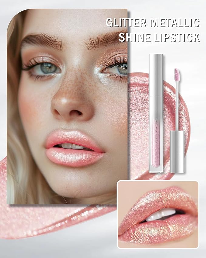 Diamond Sheer Pink Lip Gloss, Matte Metallic Shimmer Non-Stick Lipgloss, Long-Lasting Waterproof Smudge Proof Liquid Lipstick, Sparkle Lip Tint Stain,Thanksgiving Makeup Gift for Women Girl-02