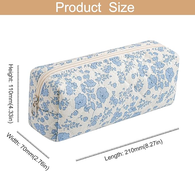 Cute Floral Cotton Makeup Brush Cosmetic Bag for Women, Travel Quilted Zipper Make Up Bag, Flowers Toiletry Organizer Case Kawaii Makeup Cosmetic Travel Cloth Pouch (Blue+Big Red Floral)