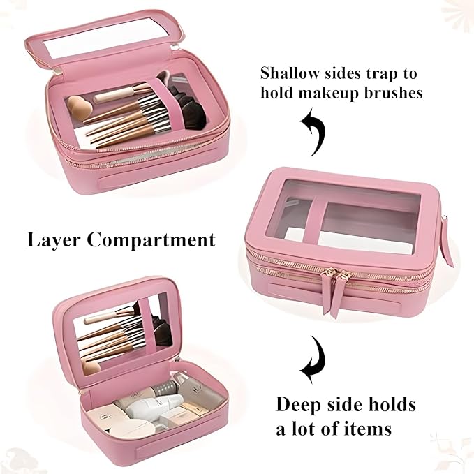 Clear Makeup Bag Double Layer Two Sided Travel Cosmetic Case Organizer for Women Toiletry Pouch with Transparent Vinyl Windows & Zippers (Pink)