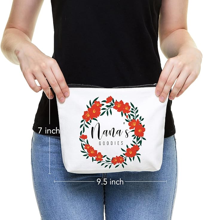 Funny Nana Makeup Zipper Pouch Bag | Floral Nana's Goodies Cosmetic Travel Accessories Bag Make-Up Toiletry Case Pouch Gifts for Mother's Day Christmas Baby Shower