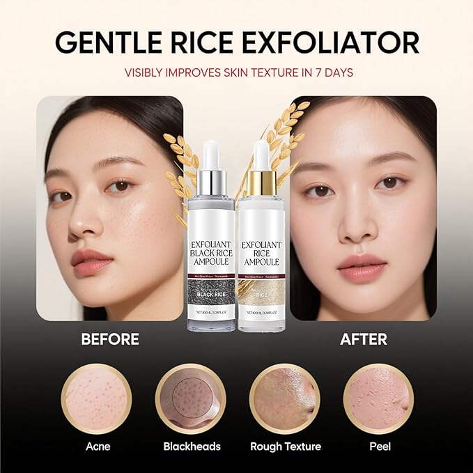 Glow Rice Ampoule Duo - 2PCS White & Black Rice Exfoliant,Rice Exfoliator for Face & Body,Gentle Peel to Remove Dead Skin & Blackheads,Rejuvenating Hydration Rice Ampoule Exfoliant for All Skin Types