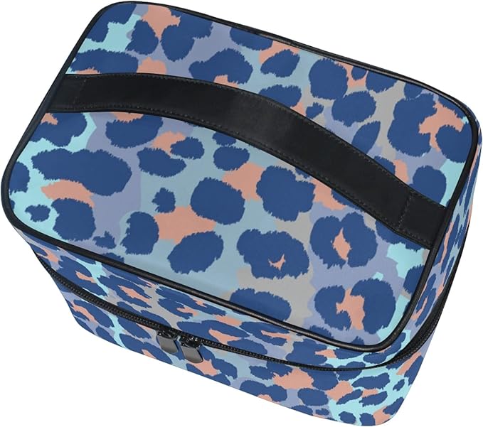 Makeup Bag, Bule Leopard Print Travel Makeup Organizer Bag Cosmetic Cases Toiletry Bags for Girl Women Ladies