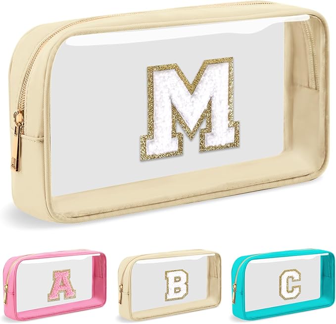 Personalized Initial Letter Clear Makeup Bag,Preppy Small Nylon&PVC Cosmetic Zipper Bag with Chenille Letter,Portable Beach Travel Skincare Toiletry Bag,Trendy Monogram Gift for Teen Girls Women,M