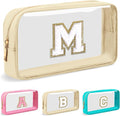 Personalized Initial Letter Clear Makeup Bag,Preppy Small Nylon&PVC Cosmetic Zipper Bag with Chenille Letter,Portable Beach Travel Skincare Toiletry Bag,Trendy Monogram Gift for Teen Girls Women,M