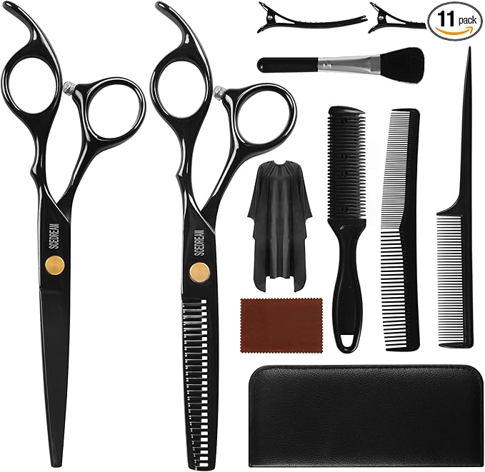 11-Piece Hair Cutting Scissors Kit - Professional Set with Thinning Scissors, Comb, Cape, Clips, Brush, Leather Bag for Barber, Salon, Home