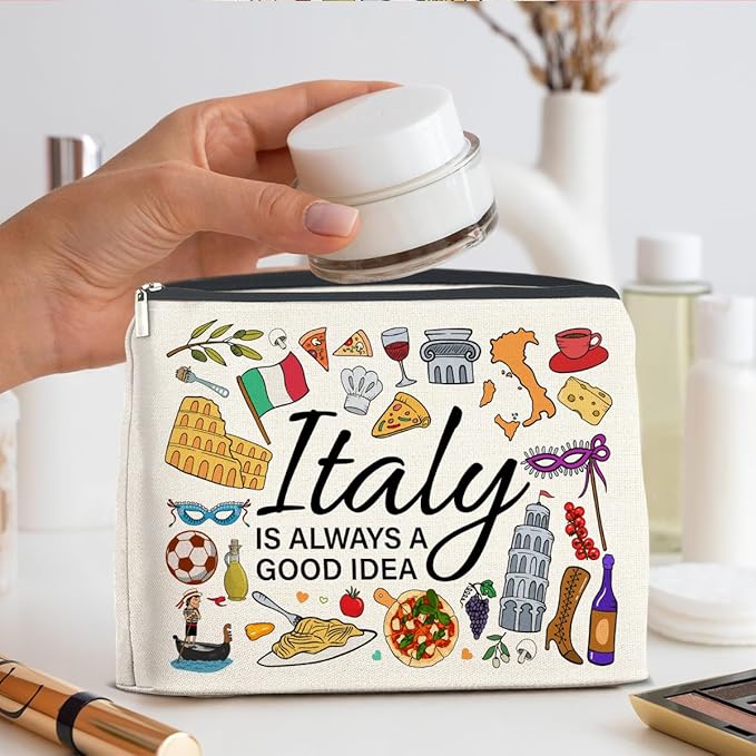 Italy Travel Cosmetic Bag, Multicolor, Waterproof, Zipper Closure, Double-Sided Printing, Rectangular, 9.6"L x 6.7"H, Perfect for Travel and Daily Use