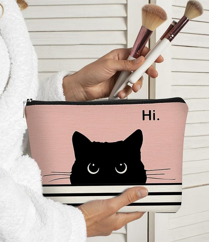 Cute Cat Makeup Bag - Black & Pink, Small Cosmetic Bag for Women & Girls, Birthday Gift for Cat Lovers & Owners