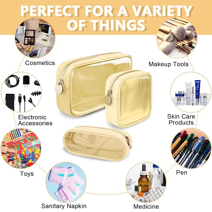 Clear Small Pencil Pouch Makeup Bag for Purse,Nylon&PVC Pencil Case Waterproof Makeup Brush Holder with Zipper,Preppy Transparent Pen Bag Travel Cosmetic Bag for Women Men Office(Slim-Beige)
