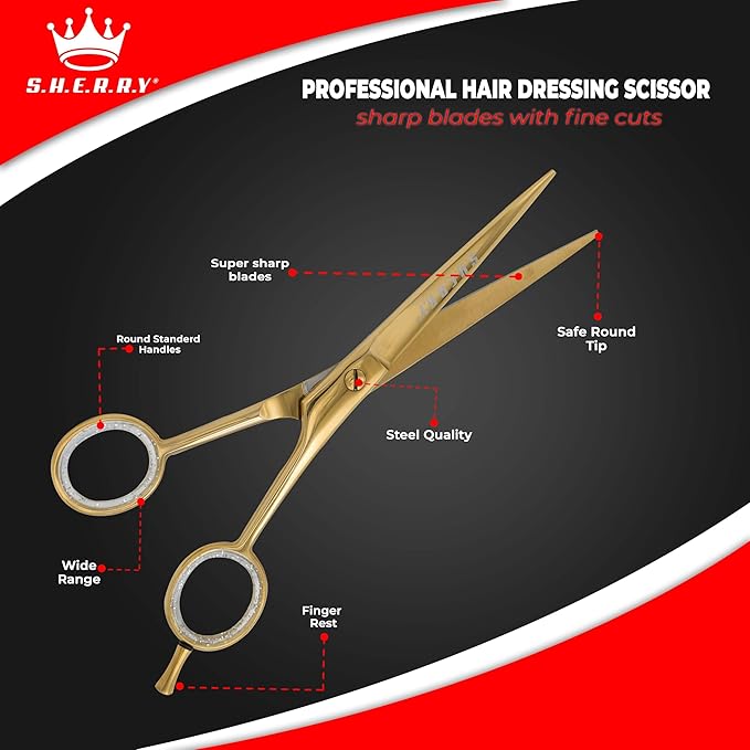 Professional Barber Shears 6” – High Carbon Stainless Steel Hair Cutting Scissors with Razor Sharp Edge for Salon & Home Use by S.H.E.R.R.Y (Gold, 6 inches)