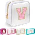 Mini Clear Personalized Initial Makeup Bag,Small Nylon Waterproof Zip Beach Cosmetic Pouch,Preppy A-Z Chenille Letter Patch Cute Coin Purse Travel Toiletry Bag Car Pack Bag for Women(White-Pink V)