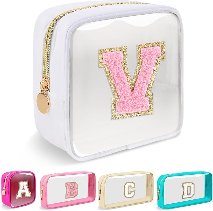 Mini Clear Personalized Initial Makeup Bag,Small Nylon Waterproof Zip Beach Cosmetic Pouch,Preppy A-Z Chenille Letter Patch Cute Coin Purse Travel Toiletry Bag Car Pack Bag for Women(White-Pink V)