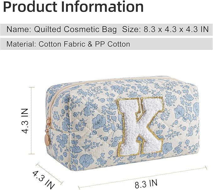 Gleyemor Personalized Initial Makeup Bag for Women, Cute Quilted Blue Floral Cotton Cosmetic Bag, Christmas Gifts for Her Mom Friend Sister Bridesmaid Teacher Women K