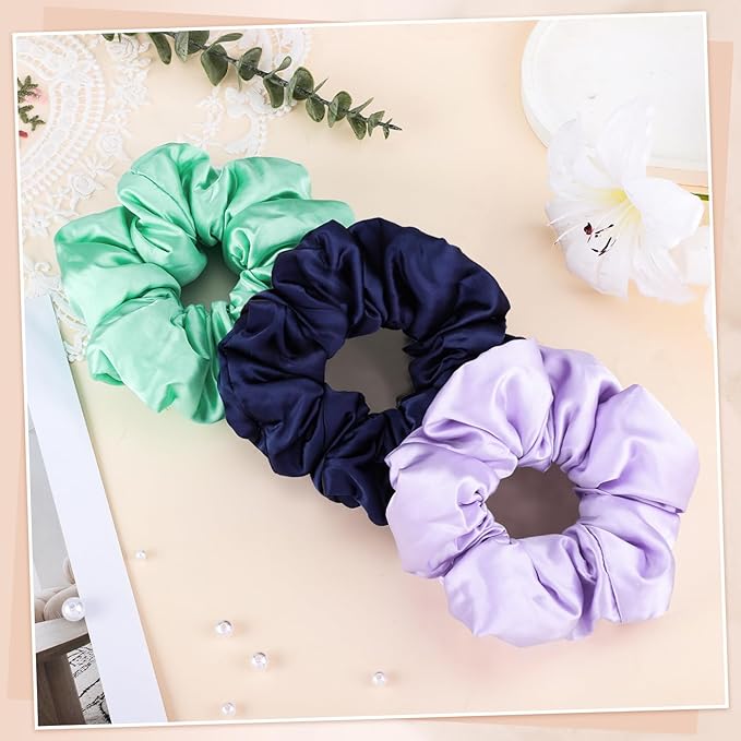 3Pcs Satin Hair Scrunchies, Large Sleepy Hair Tie Scrunchie for Thick Curls Ponytail Holders Stocking Stuffers Gifts for Women Girls