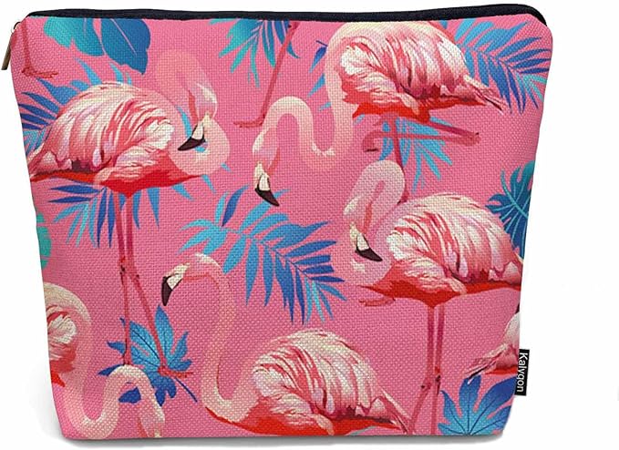 Flamingo Makeup Bag For Women, Adorable Cosmetic Pouch With Tropical Leaves Palms Pattern, Pink Zipper Travel Toiletry Organizer For Gym and Bathroom