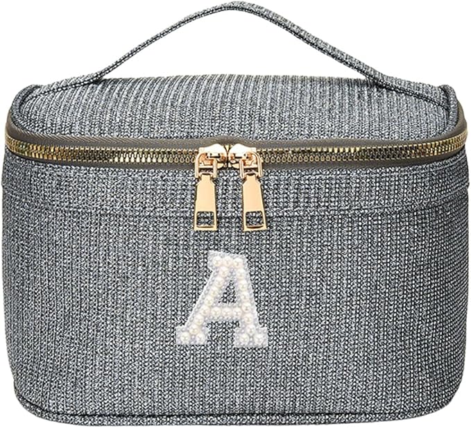 EURYNOME Sparkling Monogram Makeup Bag - Water-Resistant Travel Cosmetic Organizer (8.3x5.1x5.1 Inch) for Women, Custom Letter A Design