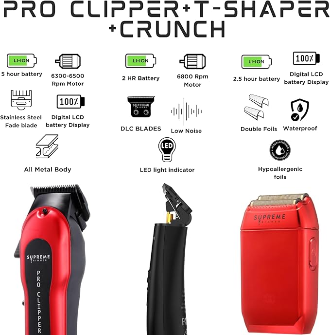 Supreme Trimmer 3-in-1 Barber Bundle | Pro Clipper, DLC T-Shaper Trimmer & Crunch Foil Shaver | Professional Beard Trimmer Men’s Hair Clipper Kit | Red