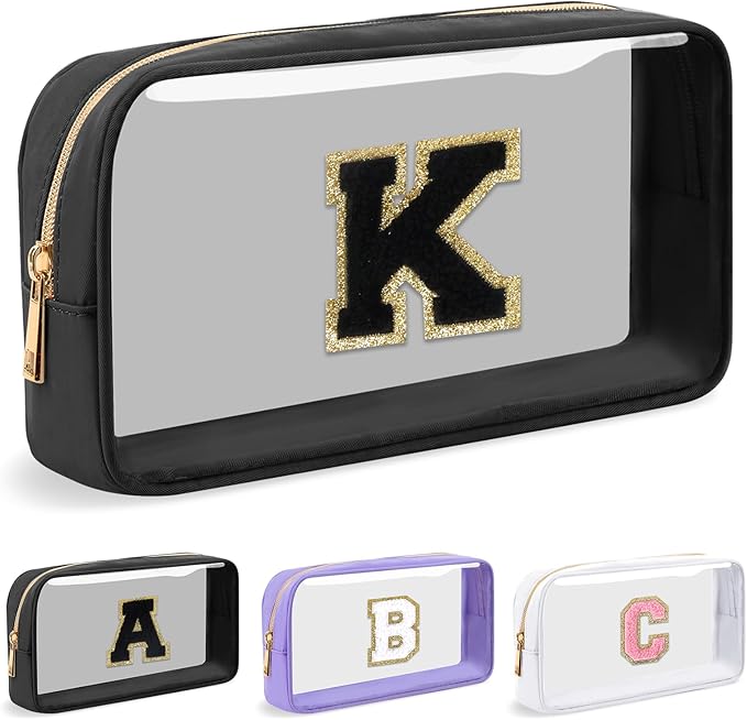 Personalized Initial Letter Clear Makeup Bag,Preppy Small Nylon&PVC Cosmetic Zipper Bag with Chenille Letter,Travel Skincare Toiletry Bag,Monogram Christmas Gift for Teen Girls Women,K