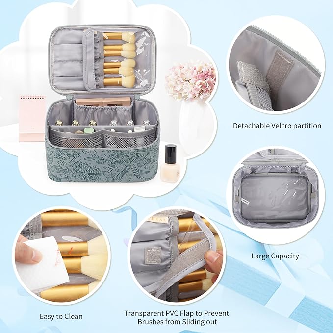 OCHEAL Makeup Bag Set, Portable Travel Makeup Bags Cosmetic Organizer Bag for Women Cute Floral Cosmetic Pouch Large Capacity Make up Bag PU Leather Toiletry Bags with Divider and Handle-Blue