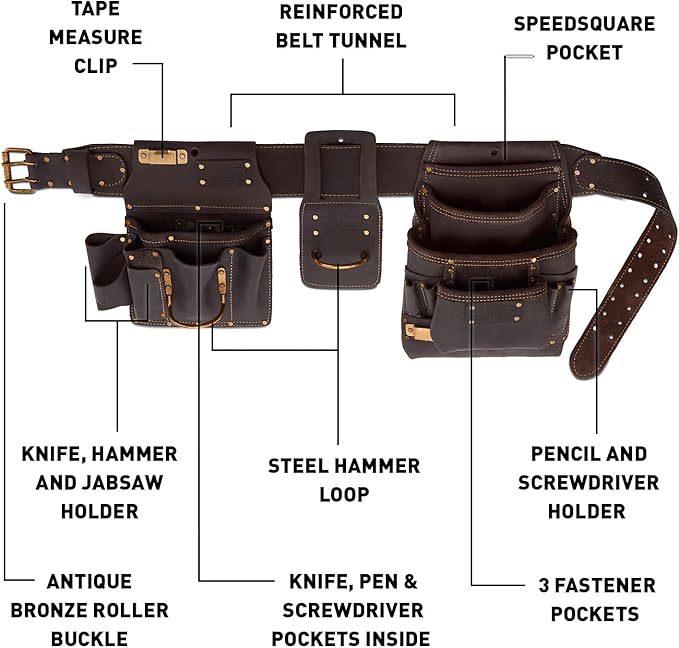 Ox Pro Drywall Tool Belt - 22-Pocket Leather Tool Belt Pouches - Made of Oil-Tanned Leather with Double-Stitching and Steel Rivets - OX-P263804