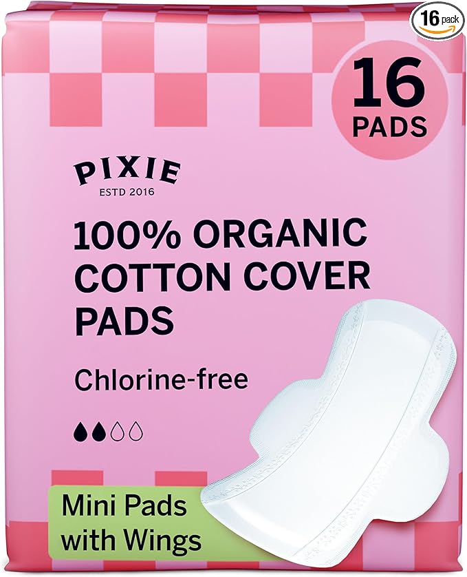 Pixie Organic Cotton Mini Pads with Wings for Women & Teens - Ultra Thin, Light Absorbency Menstrual Pads - Hypoallergenic, Unscented & Biodegradable for Feminine Care - 16 Count