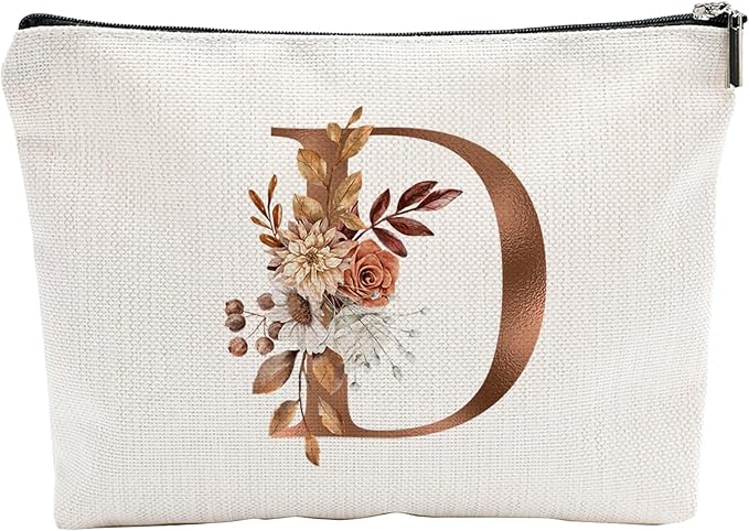 A-Z Boho Personalized Cosmetic Bag-Floral Cotton Letter Makeup Bag With Zipper-Artistic Cosmetic Bag For Travel-Bride,Birthday Gift For Women Daughter Friends-Women Makeup Organizer-A04