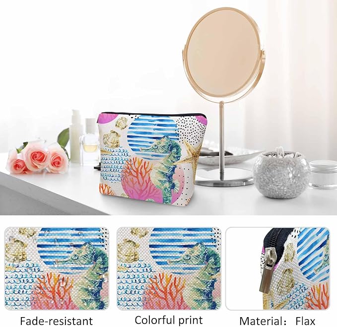 Makeup Bag Seahorse Makeup Bags For Purse Pouch, Sea Animal Coral Reef Seashell Seahorses Travel Toiletry Bag Cosmetic Bag Makeup Bags Flax Makeup Organizer Bag Pencil Pouch For Man Woman