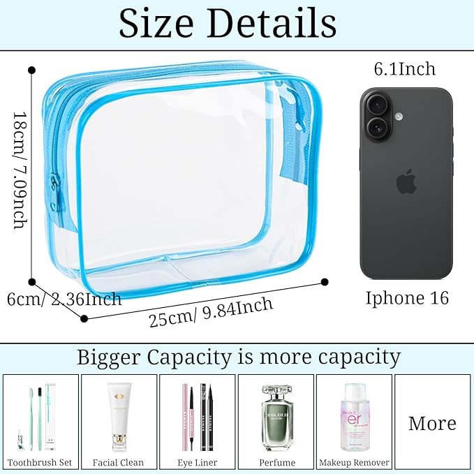 6 Pieces Large Clear Makeup Bags Bulk TSA Approved Toiletry Bag for Travel Transparent PVC Clear Cosmetic Pouch with Zipper, Waterproof Plastic Organizer Case for Carry-on Travel Essentials
