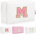 Personalized Initial Letter Patch Makeup Bag, Preppy Portable Chenille Letter Cosmetic Bag with Zipper, PU Leather Waterproof Travel Toiletry Bag Monogram Make Up Pouch for Women Girls(Letter M)