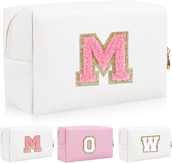 Personalized Initial Letter Patch Makeup Bag, Preppy Portable Chenille Letter Cosmetic Bag with Zipper, PU Leather Waterproof Travel Toiletry Bag Monogram Make Up Pouch for Women Girls(Letter M)