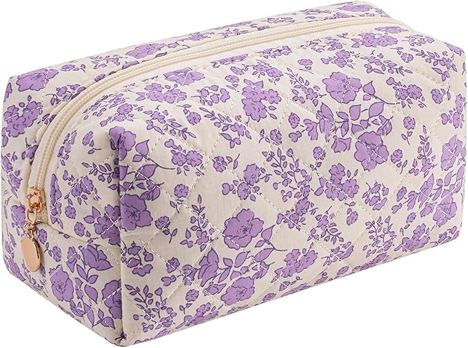 Cute Square Floral Cotton Makeup Cosmetic Bag for Women Girls, Travel Quilted Zipper Make Up Bag, Square Flowers Organizer Case Kawaii Makeup Cosmetic Travel Cloth Pouch (Purple Floral)