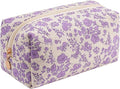 Cute Square Floral Cotton Makeup Cosmetic Bag for Women Girls, Travel Quilted Zipper Make Up Bag, Square Flowers Organizer Case Kawaii Makeup Cosmetic Travel Cloth Pouch (Purple Floral)