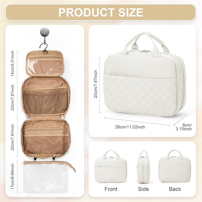 Travel Toiletry Bag For Women Small Hanging Toiletry Travel Makeup Bag lightweight Water-Resistant Toiletries Organizer case portable Cosmetic Bags For Women Beige