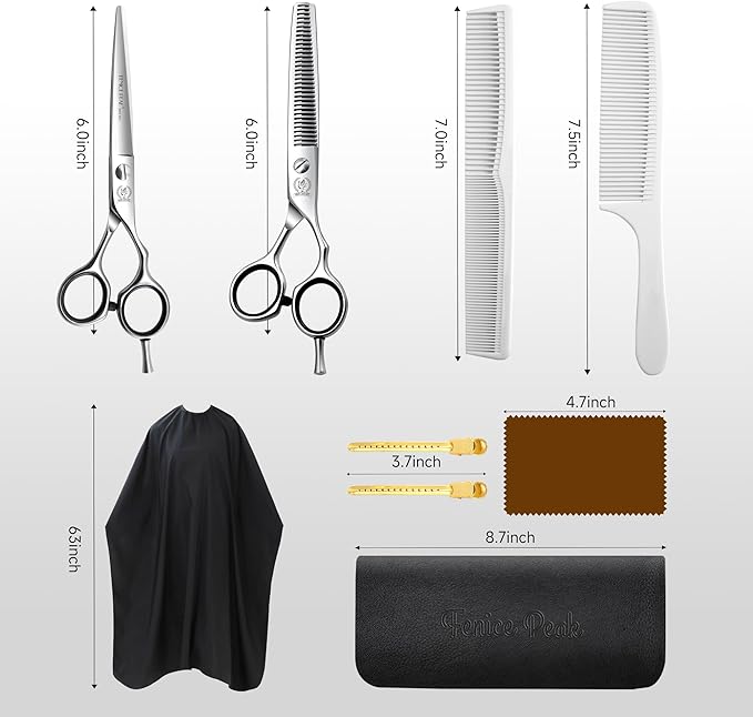 Fenice Peak 6'' Hair Cutting Scissors Set, Professional 440C Stainless Steel Barber Shears Kit with Cutting & Thinning Scissors, 9 PCS Hairdressing Tools for Men Women Salon Home Use