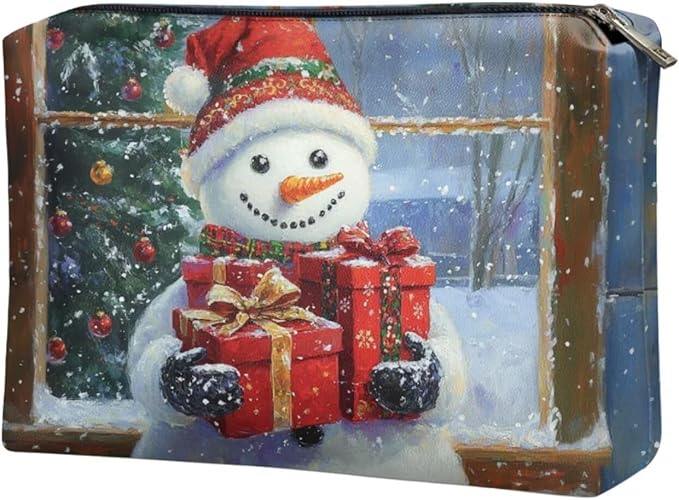 COEQINE Small Makeup Bag for Purse Mini Snowman Purses for Women Leather Cosmetic Travel Bags with Zipper Large Capacity Waterproof Portable Pouch Toiletry Make up Holiday Handbags