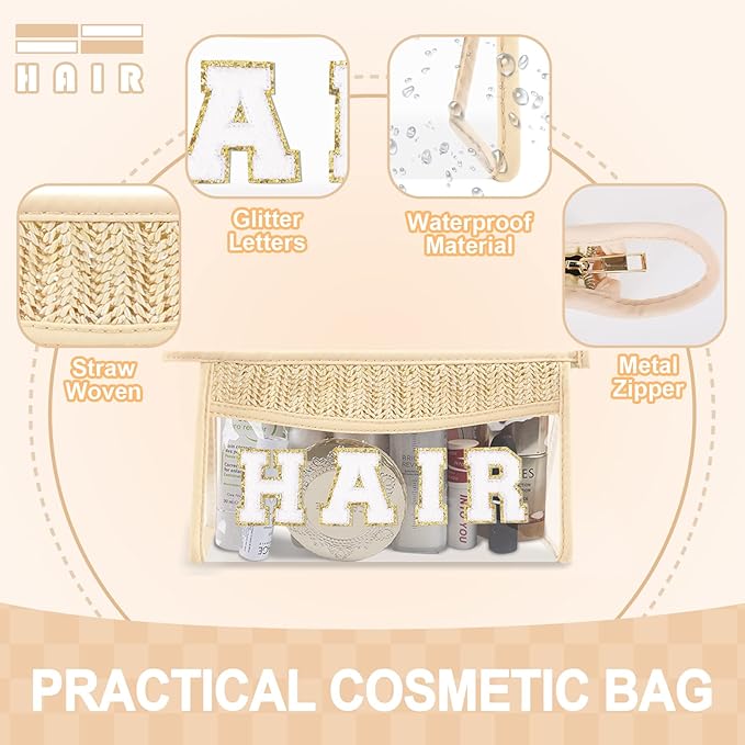Small Boho Straw Clear Hair Makeup Bags for Women&Girls, Zipper Cosmetic Bag Chenille Varsity Letter Patch Bag, Preppy Cute Toiletry Pouch, Trendy Organizer Storage Bag for Beach Travel Essentials