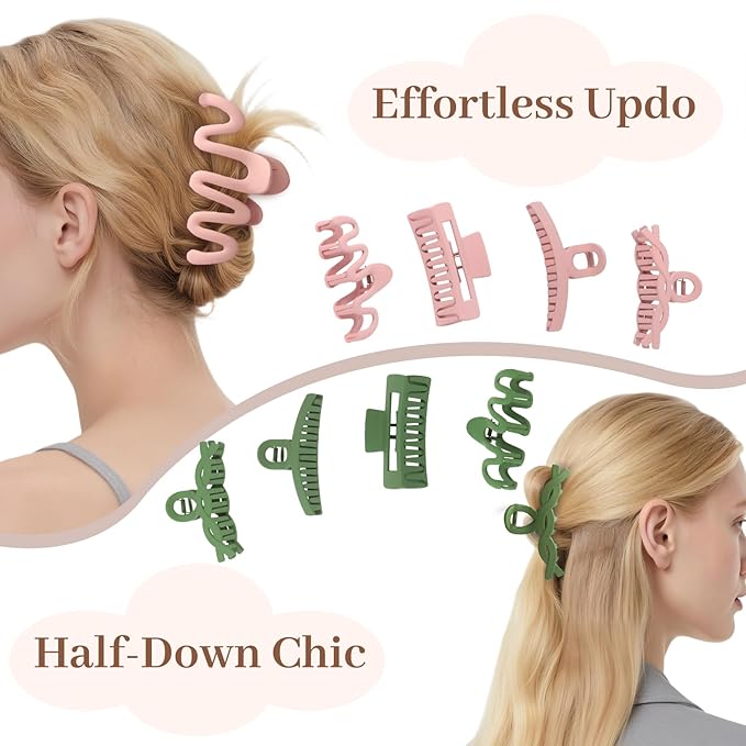 Matte Non-Slip Large Hair Clips for Women 8PCS (4 Pink+4 Green), Durable Claw Clips for Women/Girls | Gift-Ready Neutral Hair Accessories for Daily & Special Occasions