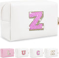 Initial Letter Patch Makeup Bag, Preppy Glitter Pouch Cosmetic Bag, Small PU Travel Toiletry Bag Zipper, Personalized Monogrammed Gift for Friends, Sisters & Teens (Letter Z)