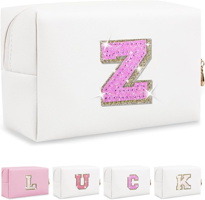 Initial Letter Patch Makeup Bag, Preppy Glitter Pouch Cosmetic Bag, Small PU Travel Toiletry Bag Zipper, Personalized Monogrammed Gift for Friends, Sisters & Teens (Letter Z)