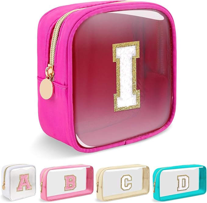 Mini Clear Personalized Initial Makeup Bag,Nylon Preppy A-Z Chenille Letter Patch Zipper Cosmetic Bag, Small Cute Beach Pouch Travel Purse Sanitary Napkin Storage Bag for Women Girls(Hot Pink-White I)